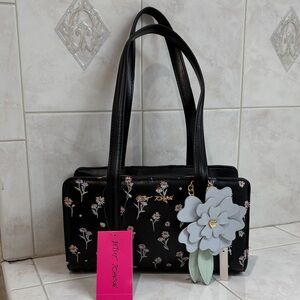 Betsey Johnson Embroidered Black Multi Floral Shoulder Bag with Flower Bag Charm